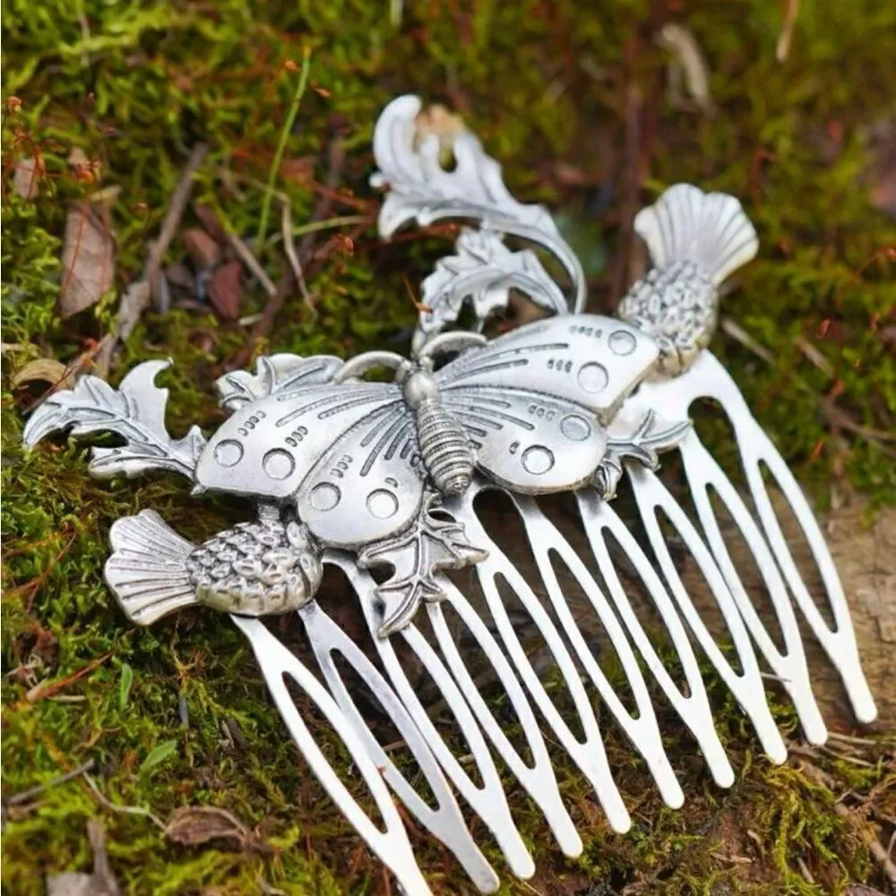 Gothic, Cottagecore Moth Floral Hair Comb, Silver Tone, Engraved Detailing, - Picture 3 of 4